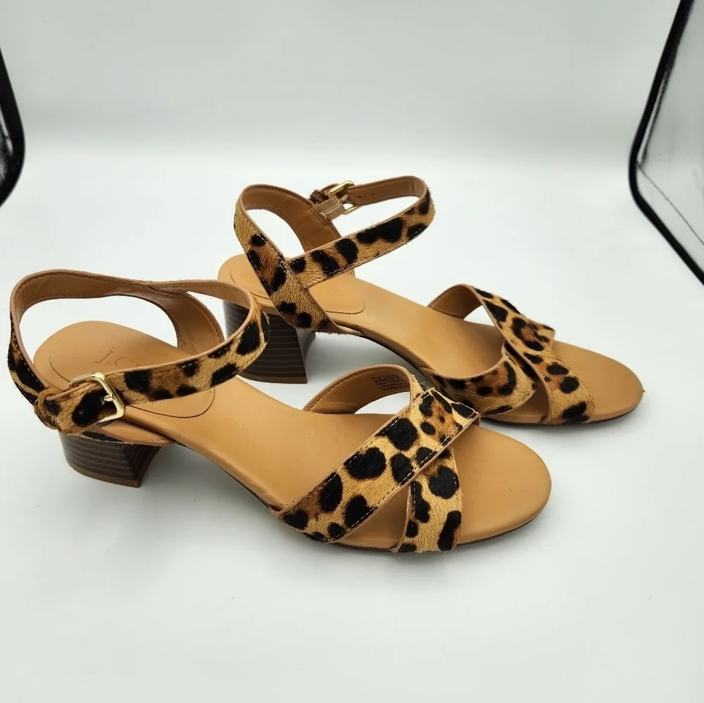 J Crew Womens 8 Calf Hair Leopard Low Block Heel Sandals Brown Black‎ Open Toe